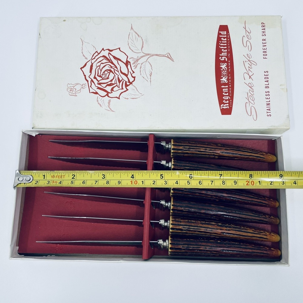 Vintage Regent Sheffield 6 Piece Steak Knife Set Stainless Blades Forever Sharp - Picture 7 of 7